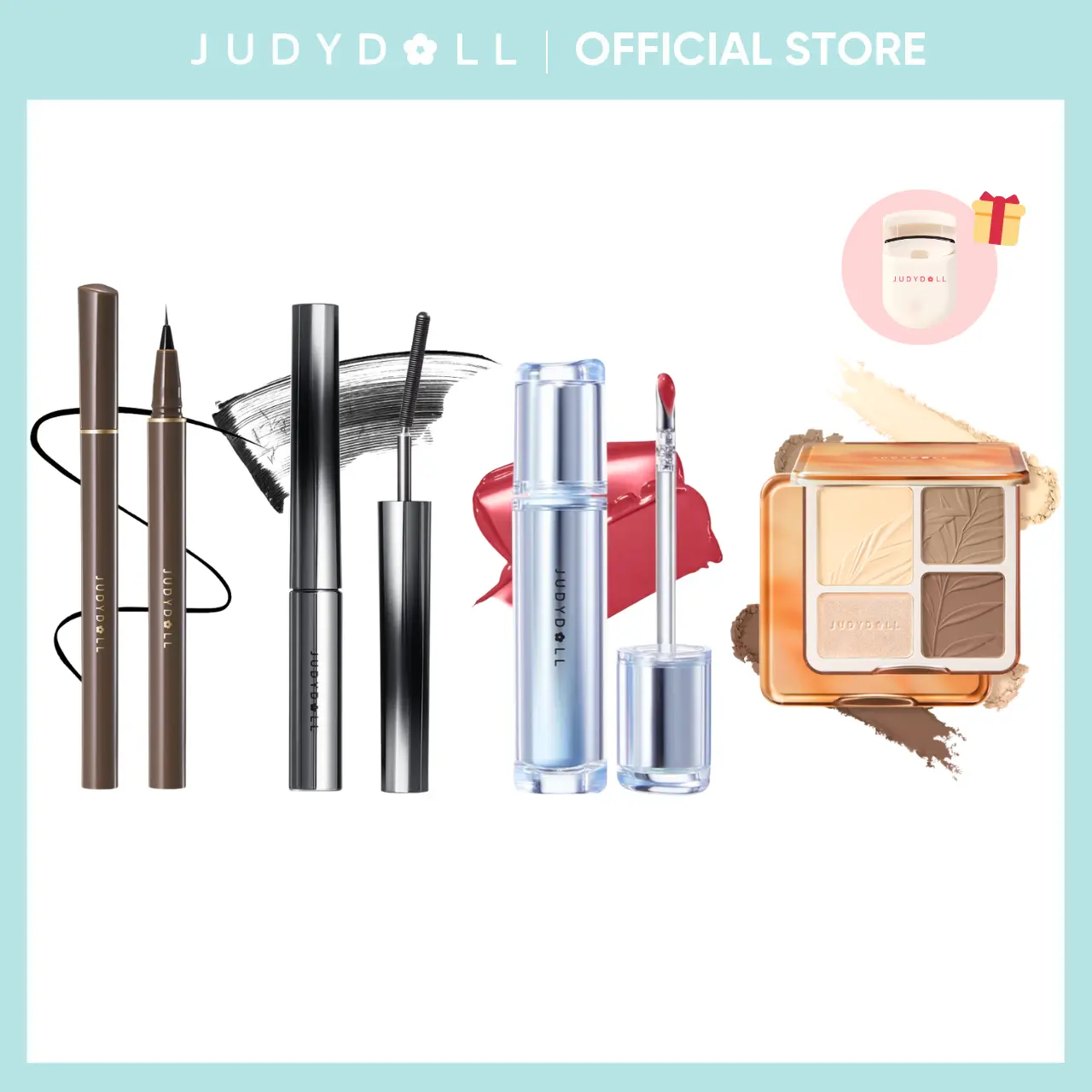JUDYDOLL All-in-1 Makeup Bundle Pack - Ultra-Fine Liquid Eyeliner, 3D Curling Eyelash Mascara, 2-in-1 Highlighter Contour Palette, Ice Watery Lip Gloss, Party Must-Have Bundle, Lipgloss Set for All Skin Types