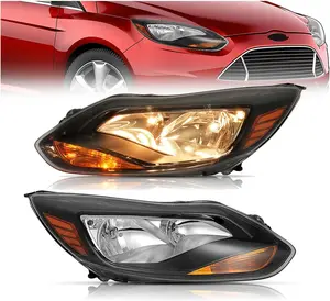 HECASA Pair Headlights Assembly Compatible with 2012-2014 Ford Focus Sedan Hatchback, Halogen Headlamp Replacement for FO2502298 FO2503298, Front Light w/bulbs Clear Lens Black Housing Left&Right