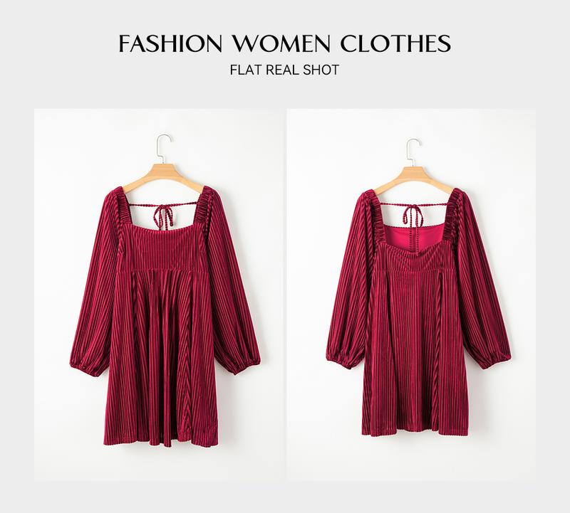 Asvivid Women's Tie Back Square Neck Velvet Babydoll Dress with Pockets for Spring Fall Fashion Long Sleeve Sweet Holiday Dresses Longsleeves Lady Womenswear Casual Wear