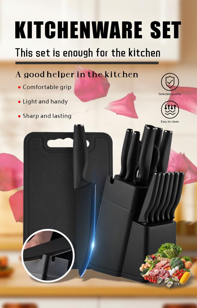 XBJ Premium 15-Piece Stainless Steel Kitchen Knife Set with Built-in Sharpener | Includes Chef Knife, Japanese Knife, Meat Cleaver, Bread Knife, Steak Knives & Scissors | Washable, Plastic Handles | Perfect Gift Set Utensils Block Black Cutting