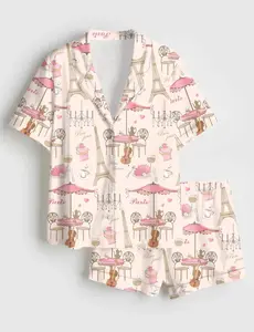 Women’s Bonjour Paris Eiffel Tower Travel To France Sister Party Coffee Short Sleeve Satin Pajama Set, Kawaii Cartoon Pajama Set Women, Button Down Summer Sleepwear