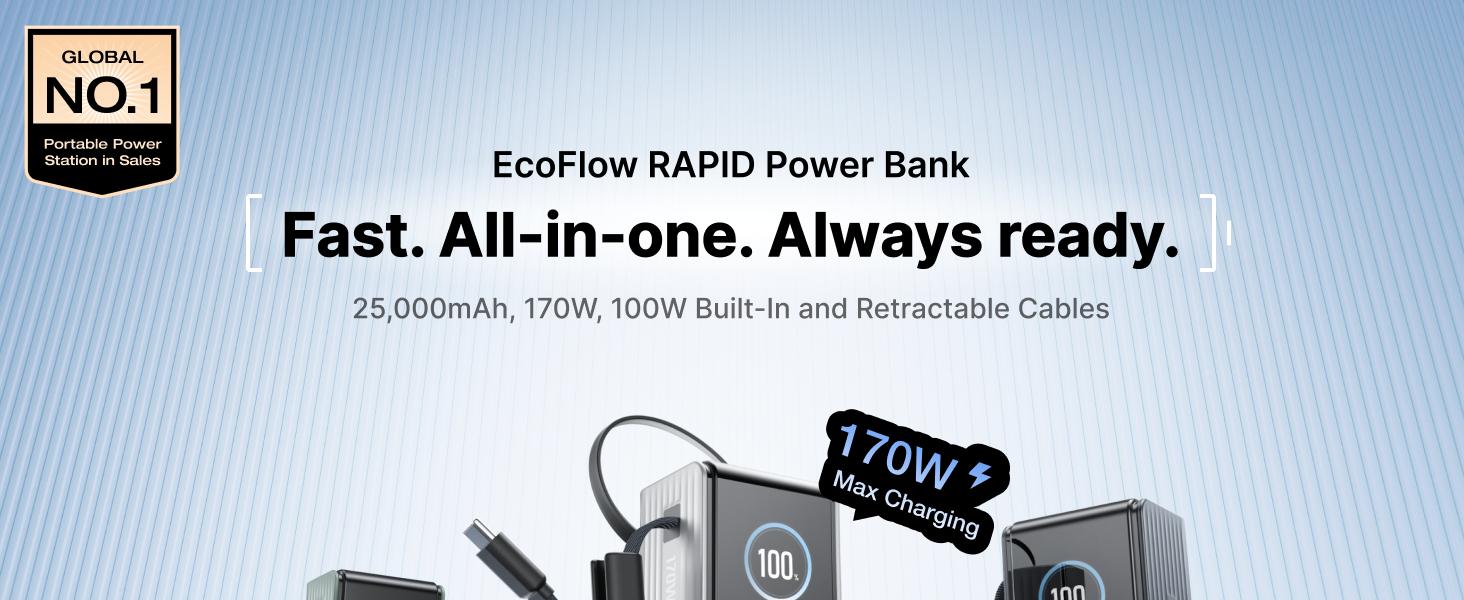 【Exclusive TikTok Gift】ECOFLOW Rapid Power Bank, 25,000mAh, 170W, 100W Built-in and Retractable Cables, Portable Charger with Triple 100W USB-C Port, Compatible with iPhone Series, Samsung, Laptop and More, Silver Travel Battery Pack