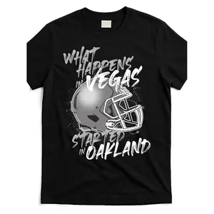 What Happens in Vegas Started in Oakland Graphic T-Shirt - Black Retro Streetwear Tee with Football Helmet Design, Unisex Cotton Round Neck Short Sleeve Shirt for Men & Women, Machine Washable Casual Top