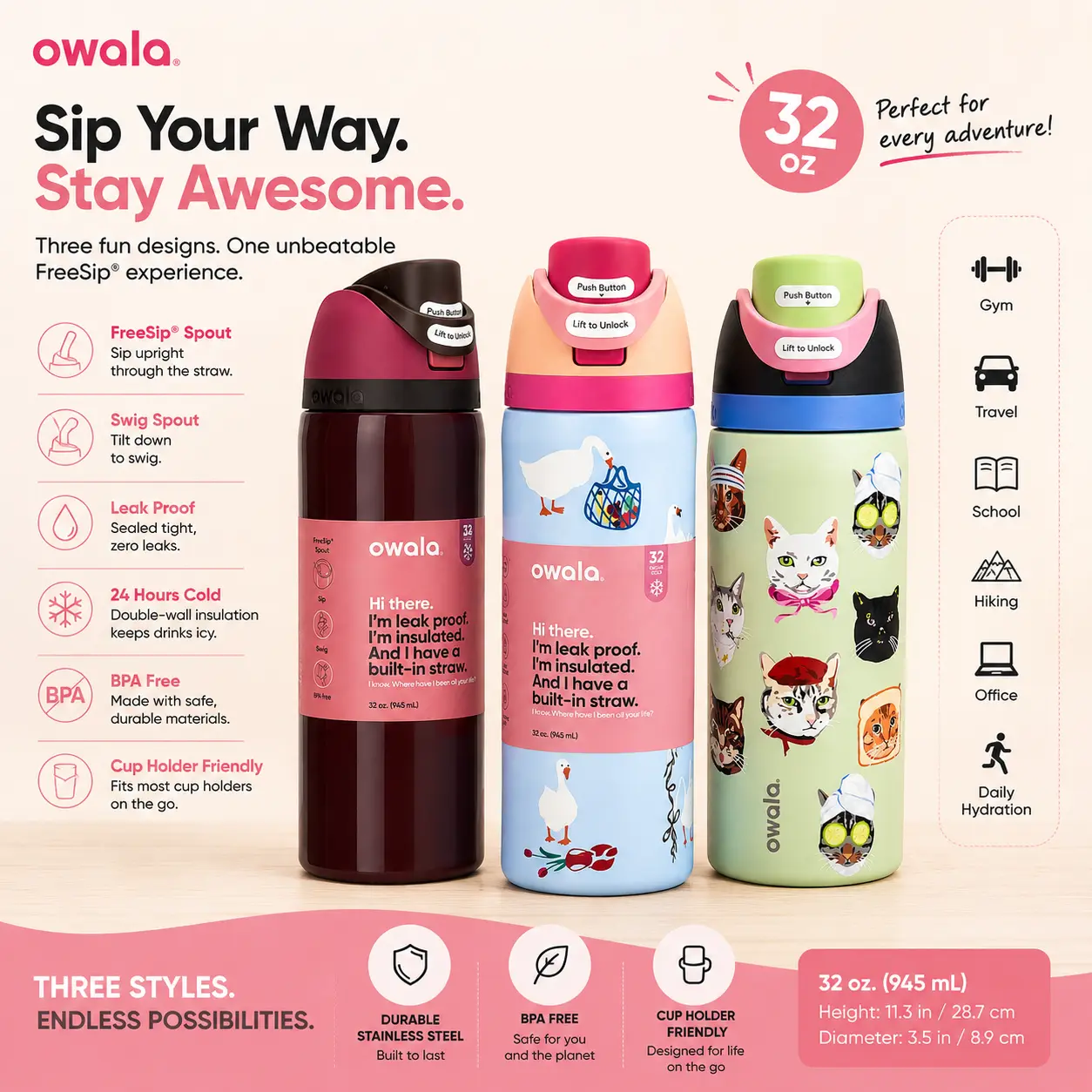 Owala FreeSip 32oz Insulated Stainless Steel Water Bottle, Leak Proof Sports Bottle with Built-In Straw, Push Button Lid, BPA Free Reusable Tumbler, Cute Duck & Cat Designs for Gym, Travel, School, Office, Hiking & Daily Hydration