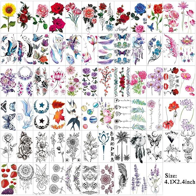 82 Sheets Flowers Temporary Tattoos Stickers, Roses, Butterflies and Multi-Colored Mixed Style Body Art Temporary Tattoos for Women, Girls or Kids