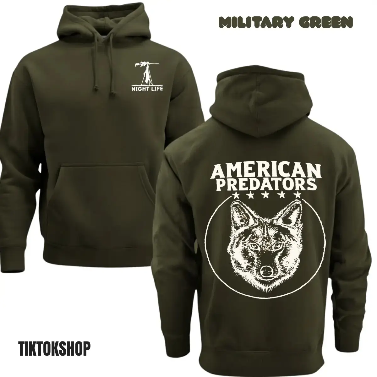 Night Life Coyote Hunting Hoodie, “American Predators” Back Print Pullover, Unisex Cozy Streetwear, Outdoor Nature Gift