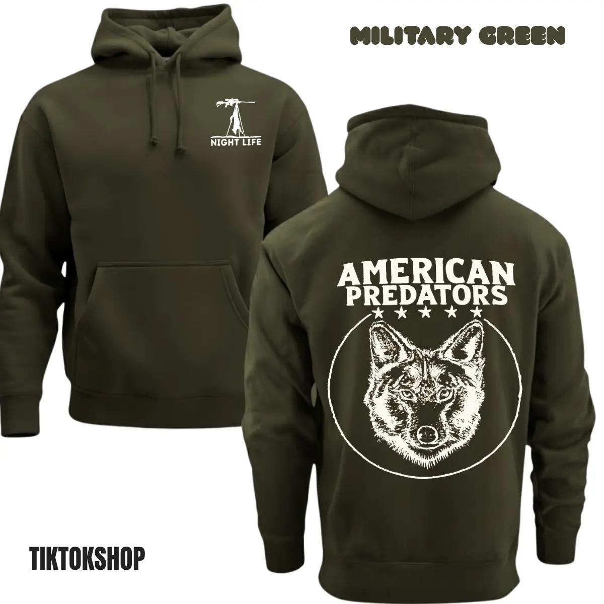 Night Life Coyote Hunting Hoodie, “American Predators” Back Print Pullover, Unisex Cozy Streetwear, Outdoor Nature Gift