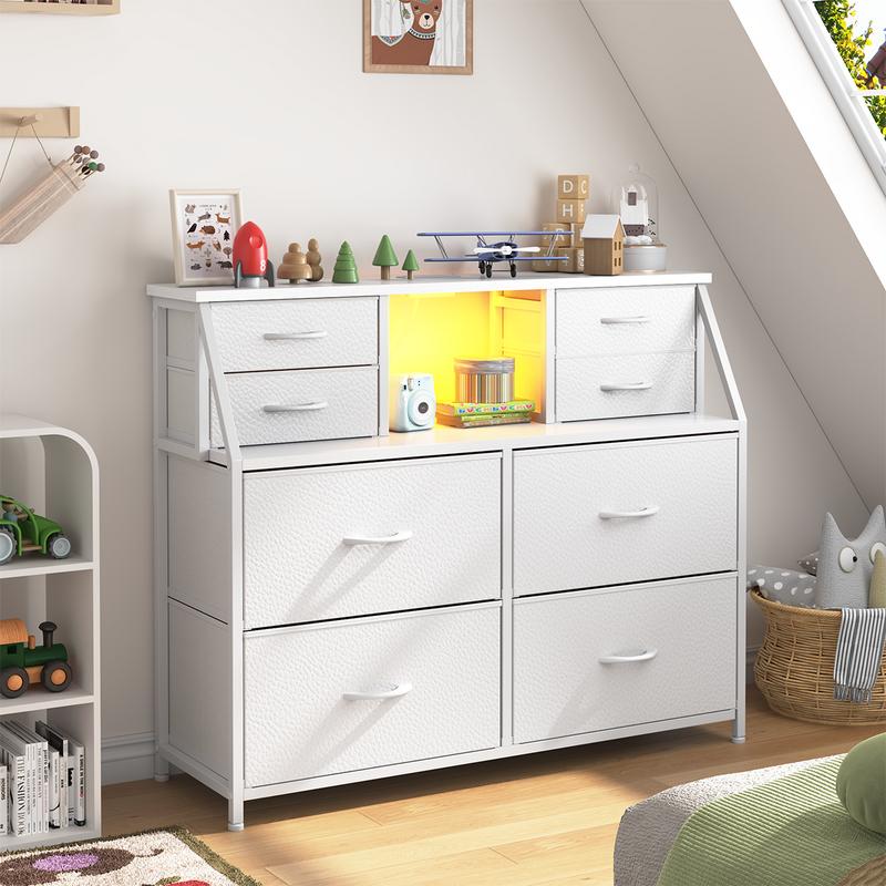 【Storage Hack】Raybee Vanity sideboard 30''H 8 Drawers Dresser for Dorm & Attic,Dresser with Built-In Charging Station and LED, Sturdy Chest of Drawers with Two Open Shelves for Storage,Hides all your clutter to keep you organized and your vibe on point