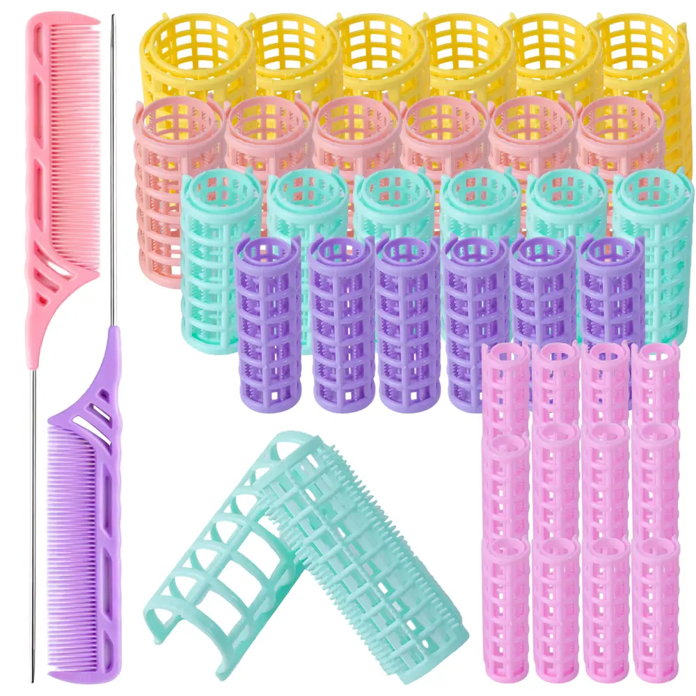 36 piece Plastic Hair Curlers Rollers Set 5 Sizes Curlers Self Grip No Heat Rollers Snap on Rollers with 2 Pieces Steel Pintail Combs for Short Thin Fine Hair