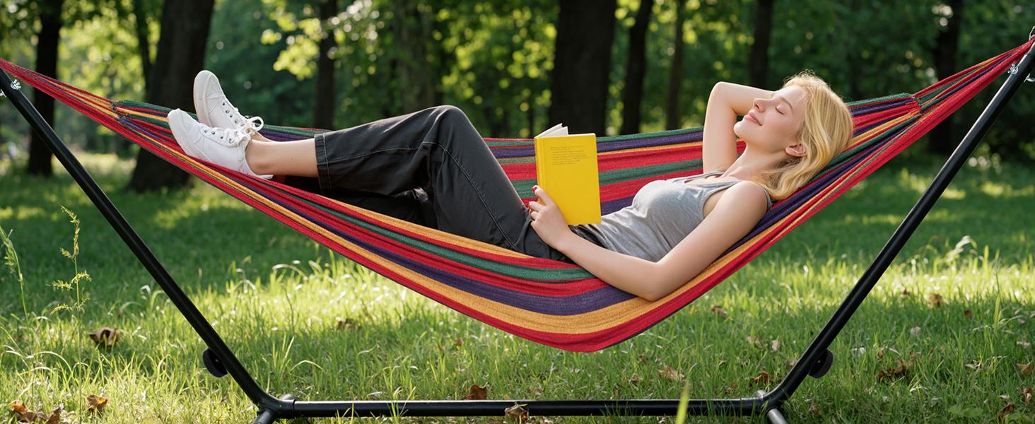 Double Hammock with Space Saving Stand, Heavy Duty Steel Frame, Portable for Outside & Indoor Use, 450lbs Capacity, Easy Assembly, Carrying Bag Included
