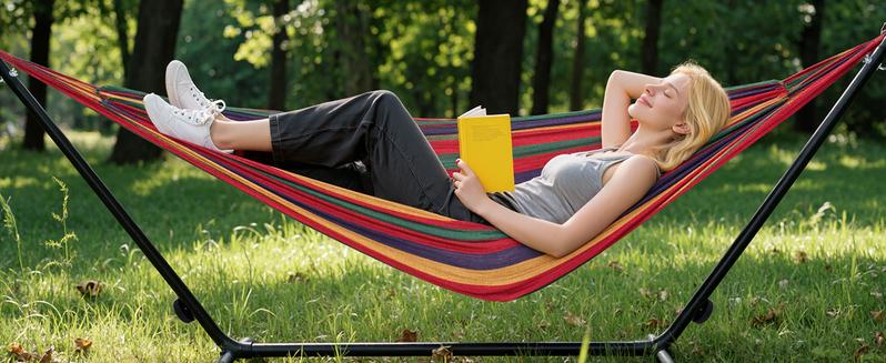 Double Hammock with Space Saving Stand, Heavy Duty Steel Frame, Portable for Outside & Indoor Use, 450lbs Capacity, Easy Assembly, Carrying Bag Included