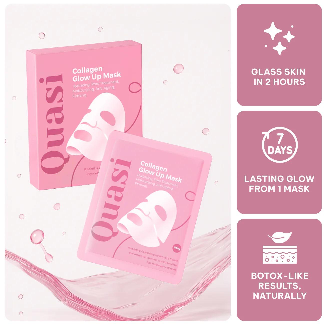 Quasi Collagen Glow Up Mask 2.0, Quasi Bio Collagen Face Mask, Firm Skin Deep Hydrating Masks for Wrinkle Reduction and Pore Minimization - Glow like Glass Skin (2 Box (8 Pcs))