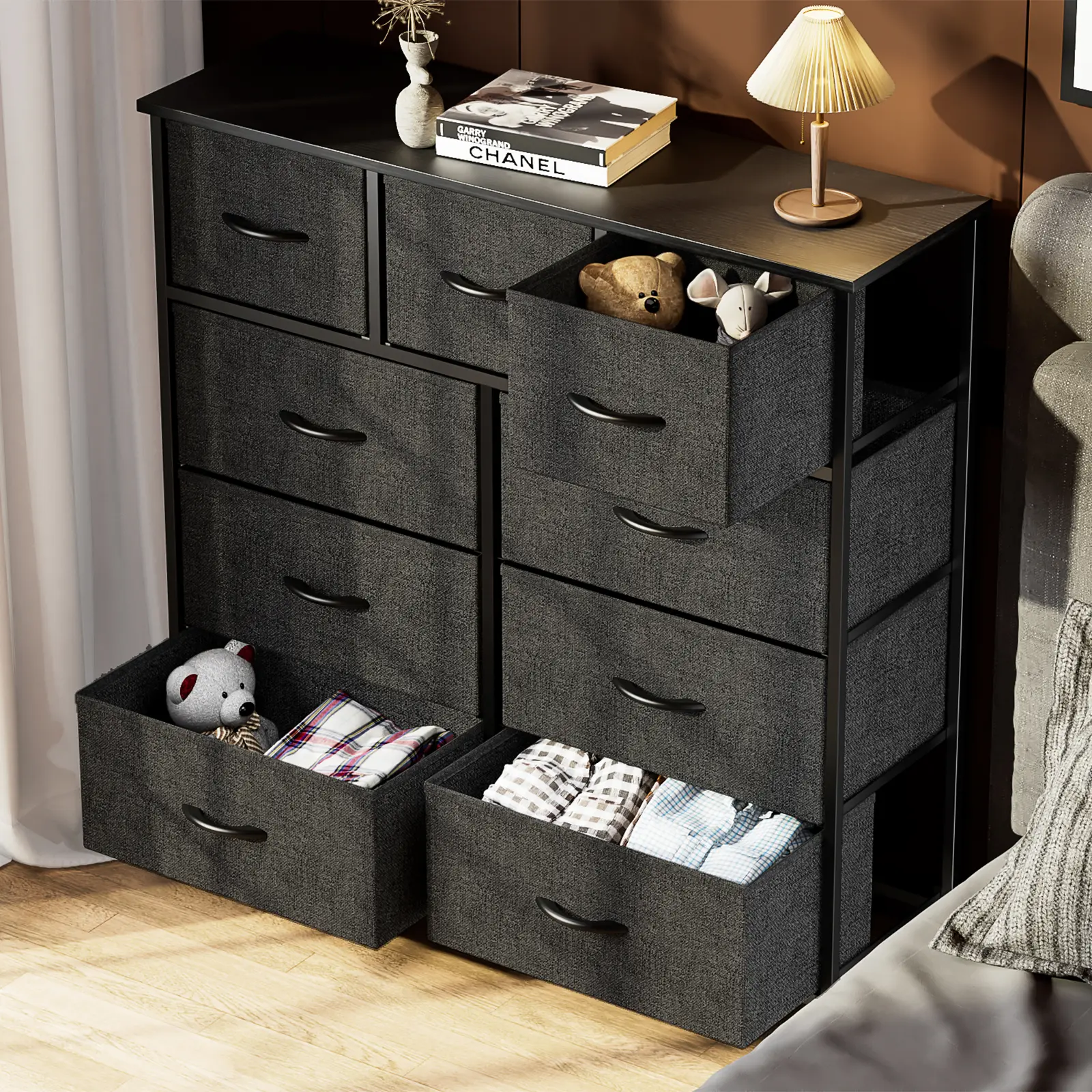 Sweet Furniture Dresser with 9 Drawers, Fabric Storage Tower for Bedroom, Closet, Entryway, Nursery - Steel Frame and Wooden Top, Christmas Gift, Entryway Storage Cabinets, Modern Storage Drawer,dorm essentials,home decor
