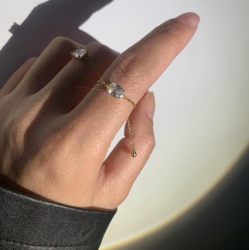 Oufer 14K Gold Plating CZ US Ring Size 3-13 Adjustable Oval  Chain Ring For Women Gift Real Gold Plating