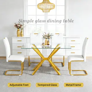 Modern Rectangular Tempered Glass Dining Table, 47.24" Clear Kitchen Table with Gold Metal Legs for Dining Room, Space-Saving & Easy Assembly for Small Homes diamond furniture