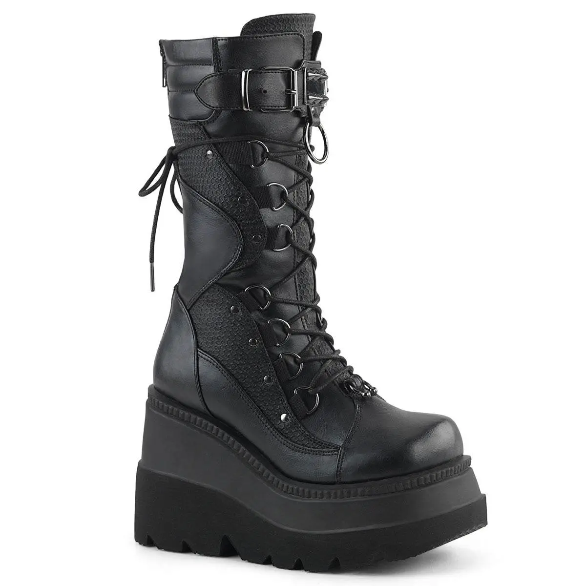 Demonia Shaker-70 Black Vegan Leather Knee-high Boots with 4.5" Wedge Platform Lace-Up Design & Curvy Contrast Panels