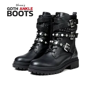 Platform Combat Boots For Women Round Toe Chunky Block Heel Lace Up Side Zipper Buckles Studs Strappy Motorcycle Biker Riding Boots Goth Ankle Boots Trendy Gothic Booties