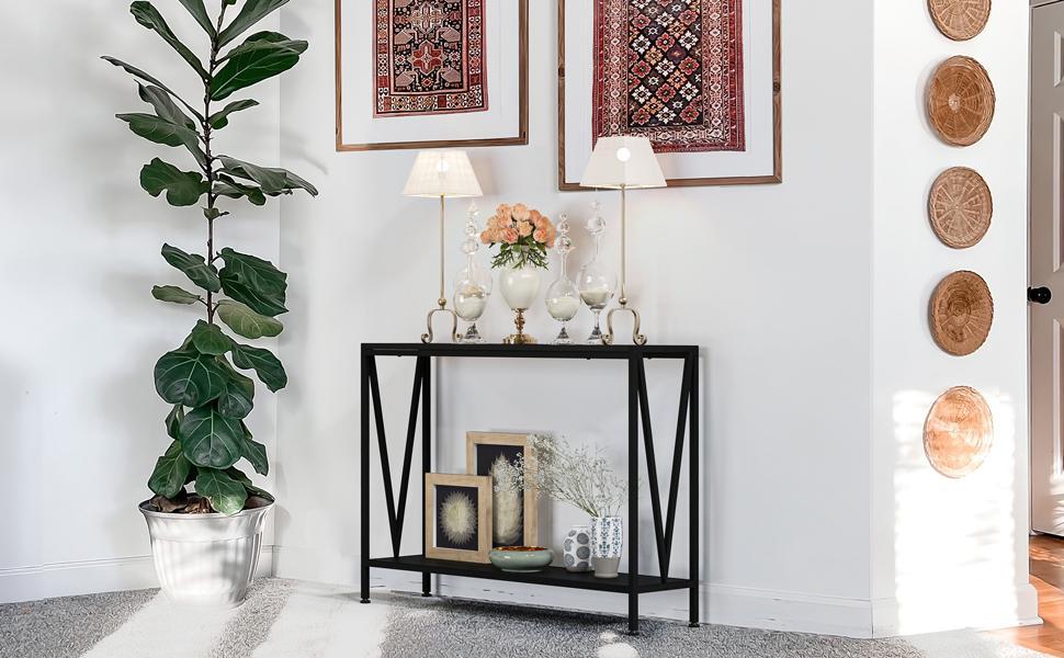 【GARVEE】2-Tier Narrow Console Sofa Side Table for Entryway Hallway Living Room, Premium Entryway Furniture, 42.9in L x 9.8in W x 29.9in H (Black)