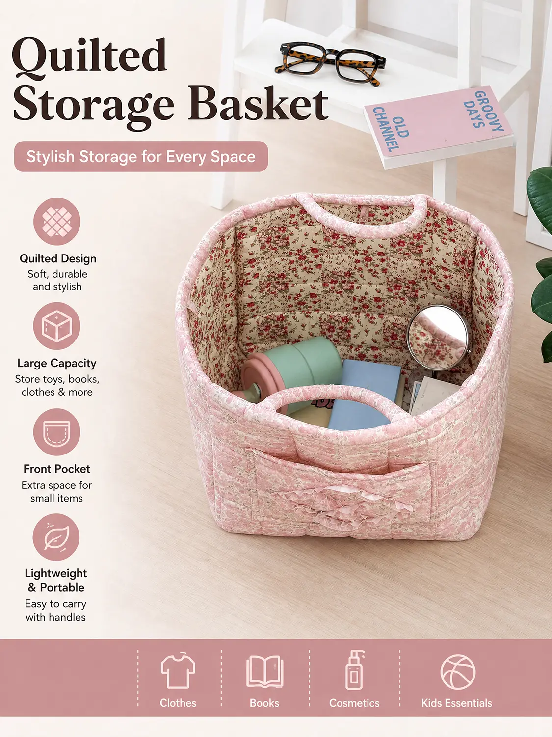 TJHome Floral hand carry storage bag dirty clothes basket colorful small fresh flowers high value retro bedroom portable removable clothing storage sundries storage suitable for home outdoor travel foldable