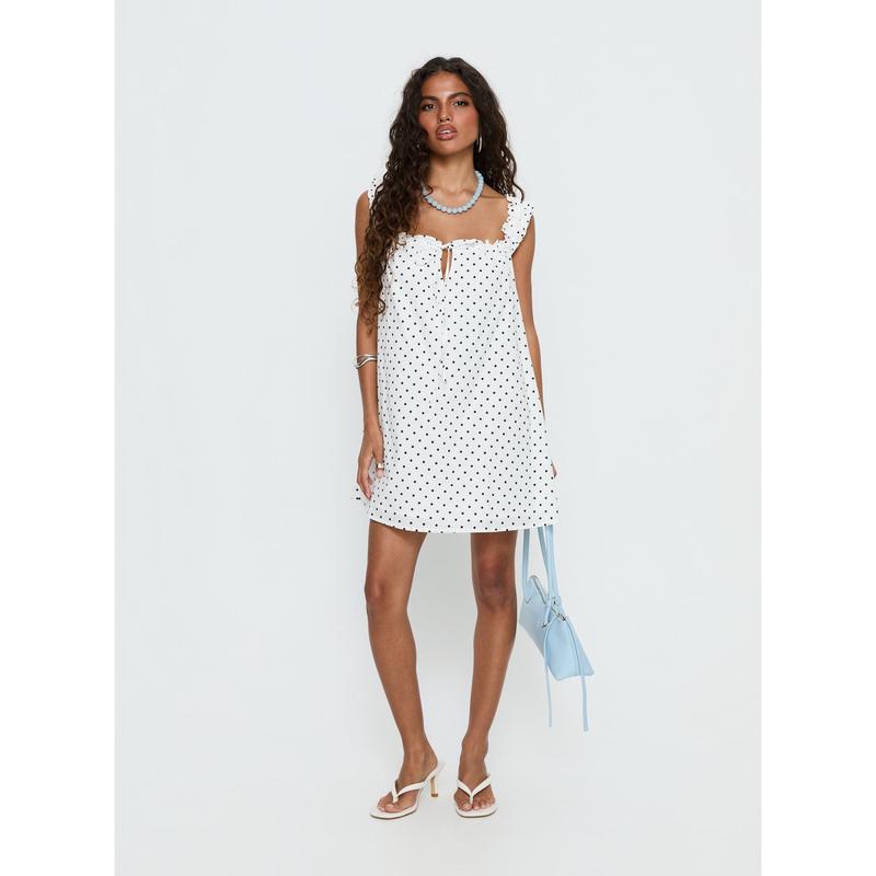 Swing Mini Dress White Polka Dot