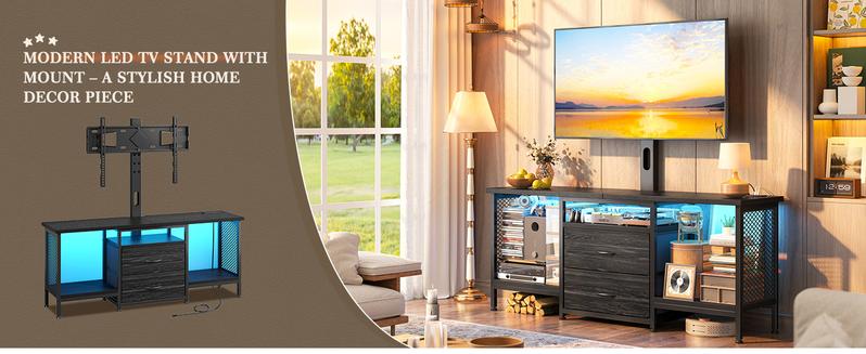 RaybeeFurniture TV Stand with Mount and Power Outlet and LED for 32-65 Inch TVs, Swivel and Adjustable TV Stand for Bedroom with 2 Fabric Drawers, Modern Entertainment Center