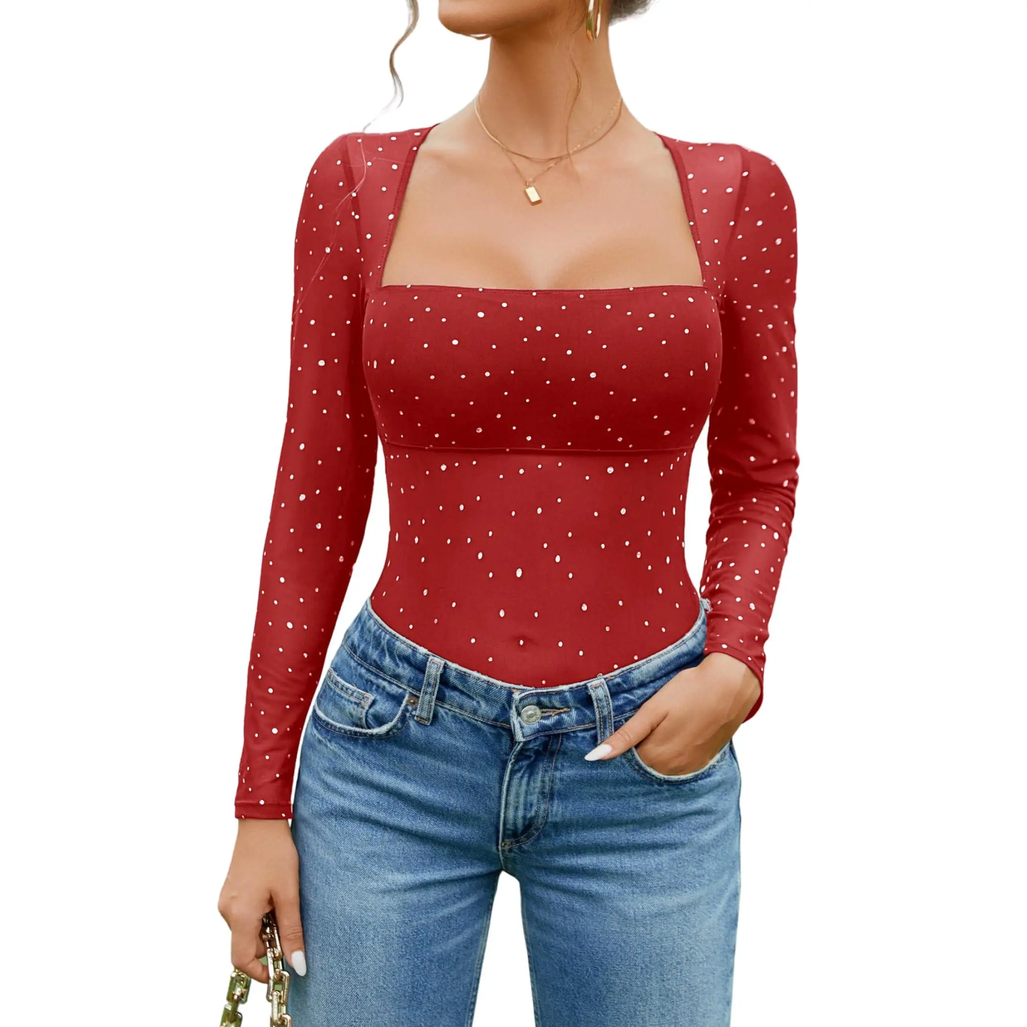 Avidlove Women's Fashion Square Neck Long Sleeve Rhinestone Sheer Mesh Bodysuit, Suitable for Year-Round Styling Clothes