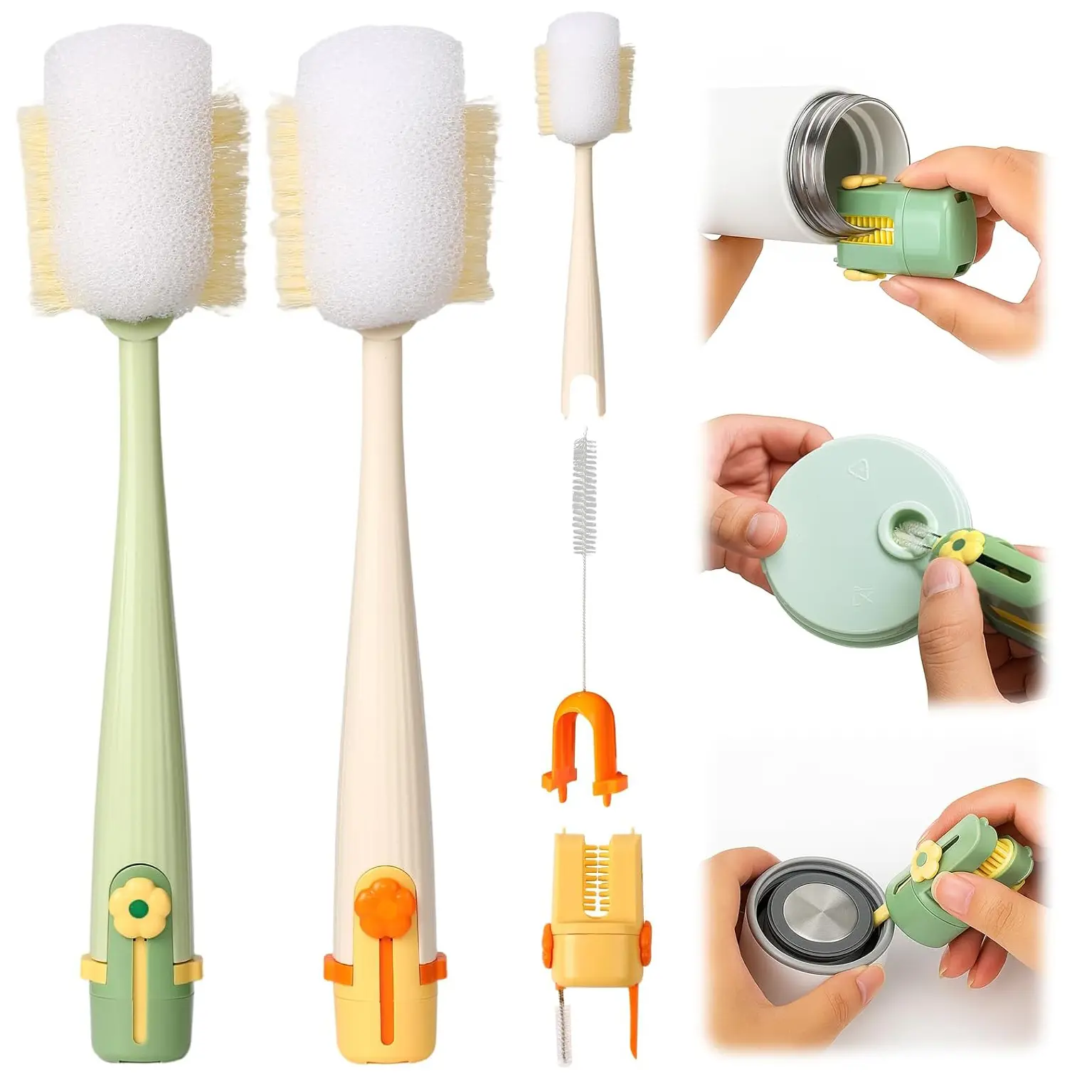 5-in-1 Bottle & Straw Cleaning Brush – Baby Bottle Brush Cleaner,Multifunctional Tool for Bottles, Cups, Straws (Cream White/Jasmine Green)