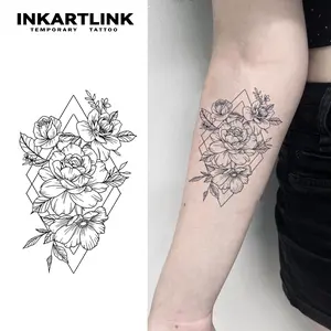 INKARTLINK Tattoo Tech, 2 Sheets Large Semi Permanent Tattoo, Adult Art Design Temporary Tattoos, Lasts 1-2 Weeks, Waterproof, Realistic Look, No Adhesive, No Reflection (Sketch Blossoms Design)