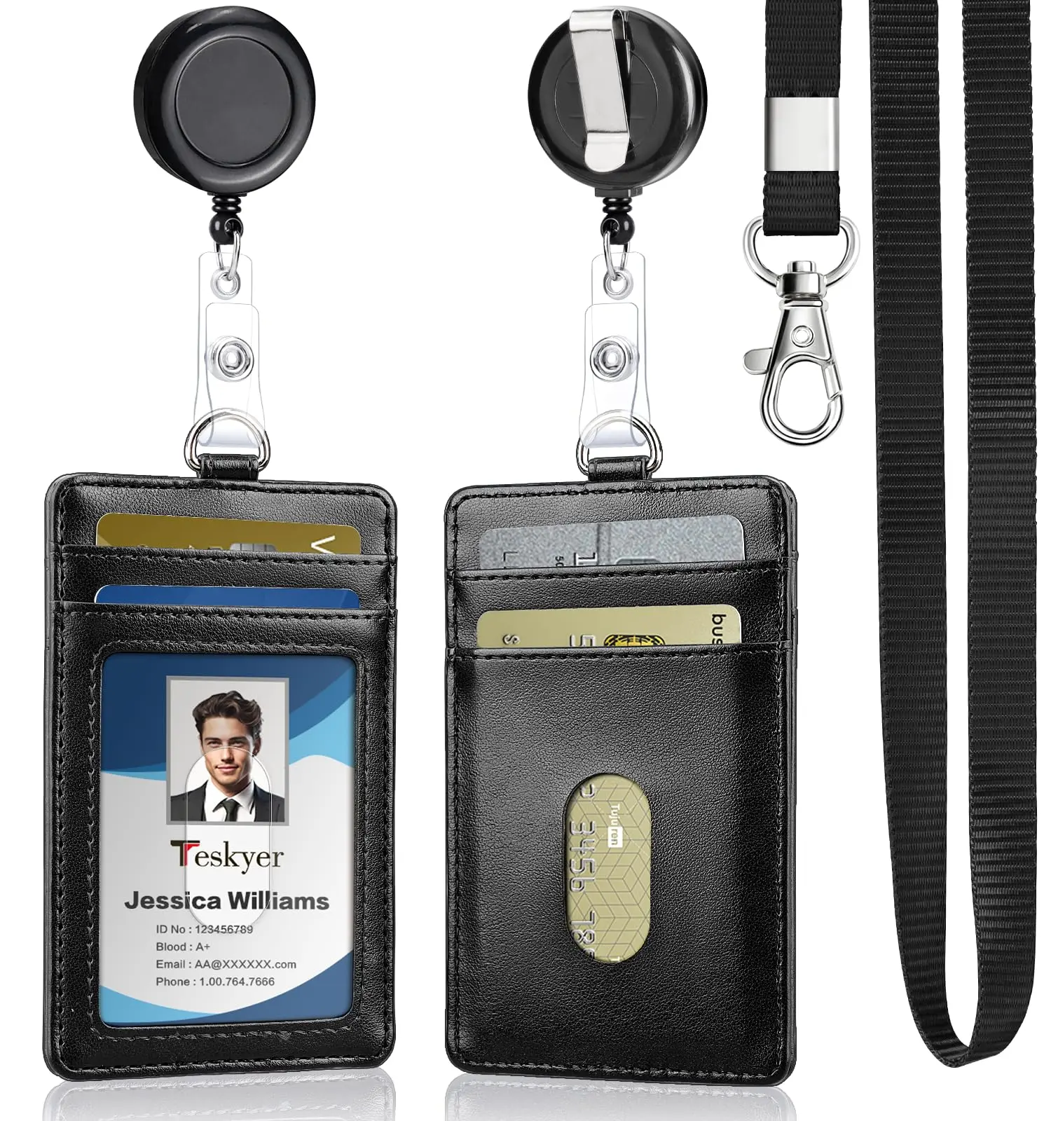PU Leather Badge Holder with Lanyard & Retractable Badge Reel Upgraded 4 Card Slots ID Card Holder for Office School Staff Employees ID Badges Black