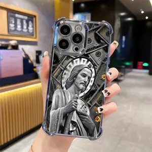 San Judas Tadeo Pattern Phone Case ,Electroplated Cover with Airbag Shockproof Soft TPU Cover for iPhone X 11 12 13 14 15 16 17 Pro Max Plus Air Money Military-Grade Camera Full Coverage Purple Lipstick Lip Tint Cute Bow Design Mirror Leather Cross Fidget