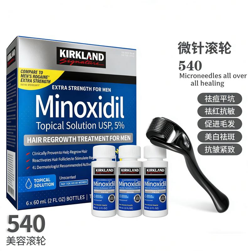 Kirkland Minoxidil 5% Extra Strength 1 to 6 MonthsSupplyWith DermaRoller 0.5MM Men's Hair Growth SerumHairCareDaily Pack Frizz Comfort