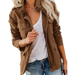 Women Military Anorak Jackets Zip Up Snap Buttons Parka Safari Utility Coats Outwear with Pocket