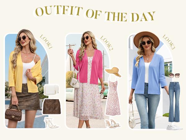 Women's 3/4 Sleeve Open Front Cropped Knit Cardigan Sweater Casual Bolero Shrugs for Dresses Summer Outfits Minimalist 2026 lightweight Breathable Clothes for Casual Office Summer Layering Cover Up Women's Tops