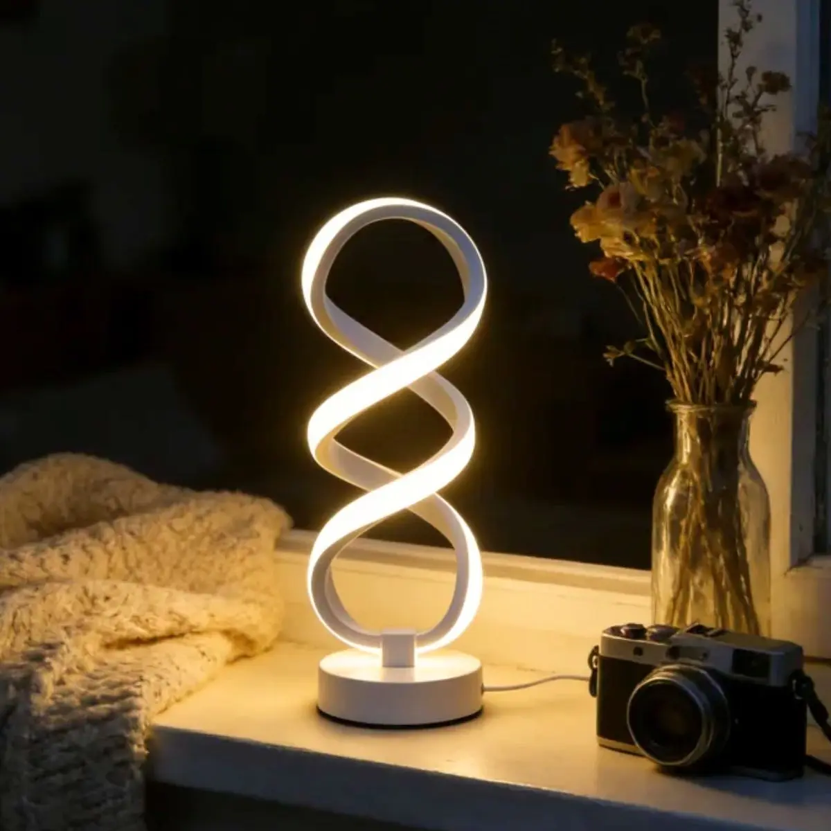 Modern LED Decorative Table Lamp with USB Dimmable Light, Unique Twin Spiral Design, Ideal for Bedroom, Living Room, Home Office Decor