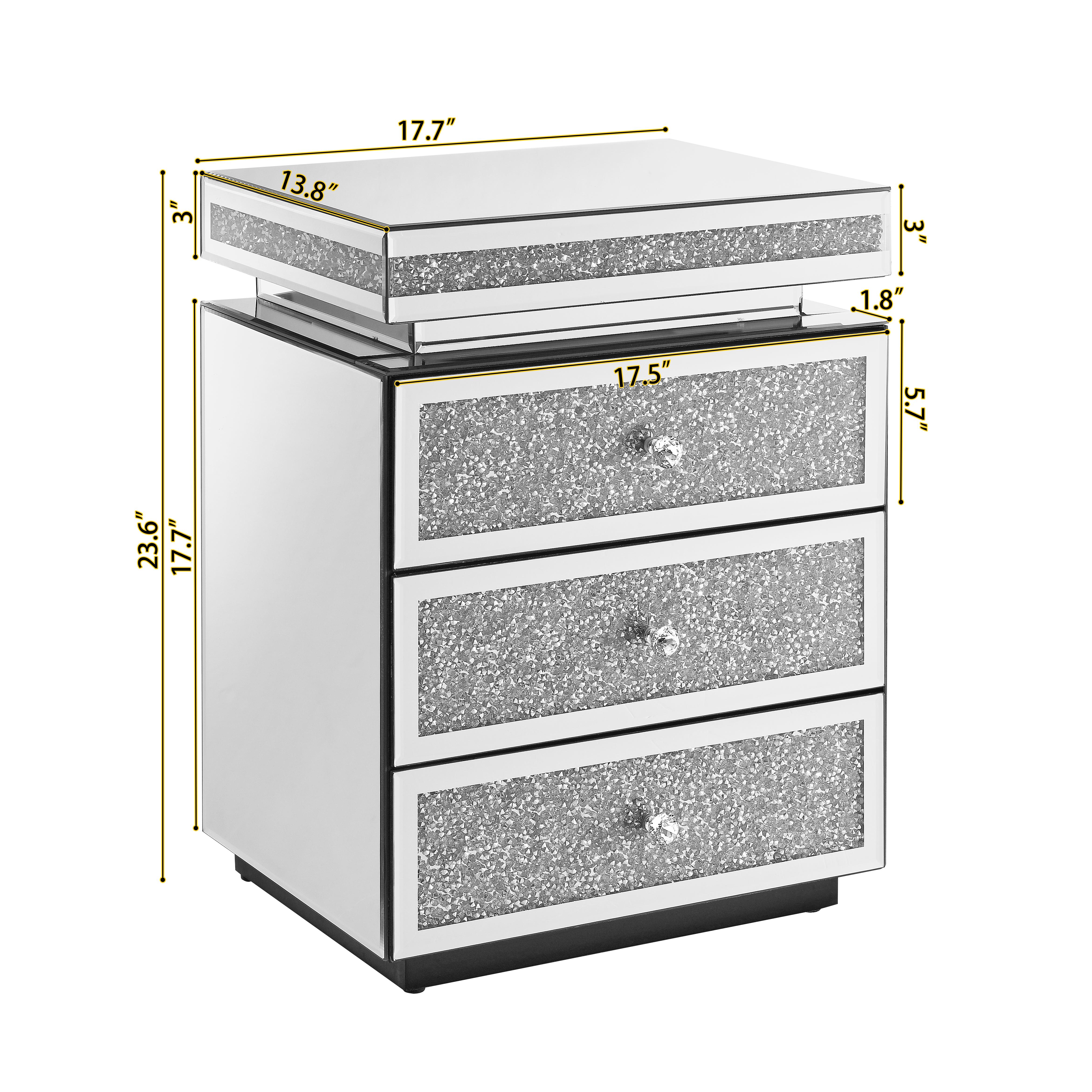 Mirrored Nightstand Modern Bedside Table with 3 Drawers, Silver End Table with Crystal Inlay, Bedside Table, Glass Table for Bedroom, 13.8''W x 17.7" L x 23.6" H