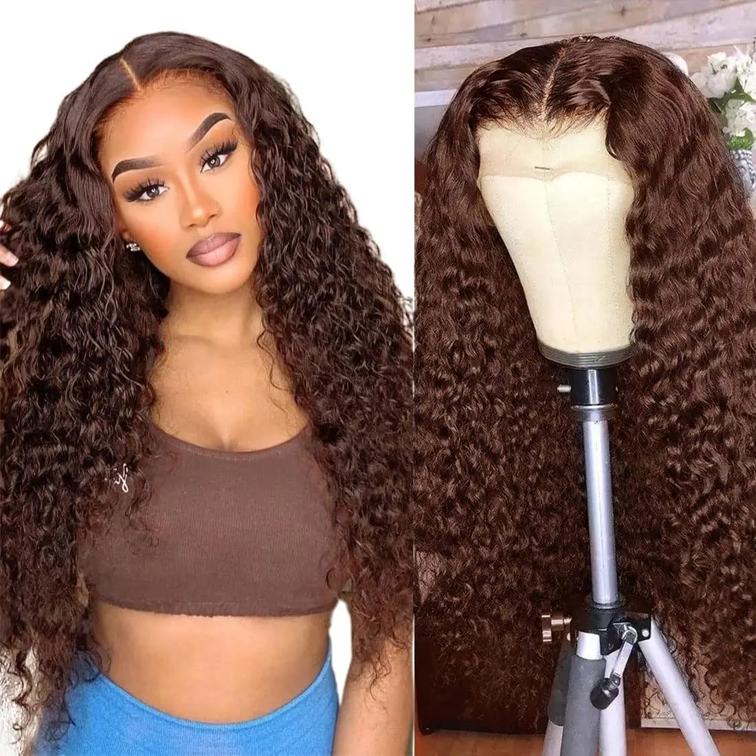 Bling Hair Chocolate Brown Curly 13x4 Lace Front Wig #4 Colored Human Hair Wigs Pre Plucked Deep Wave 13X6 Lace Frontal Wig For Black Women Bling Hair Chocolate Brown Curly 13x4 Lace Front Wig #4 Colored Human Hair Wigs Pre Plucked Deep Wave 13X6 Lace Frontal Wig For Black Women