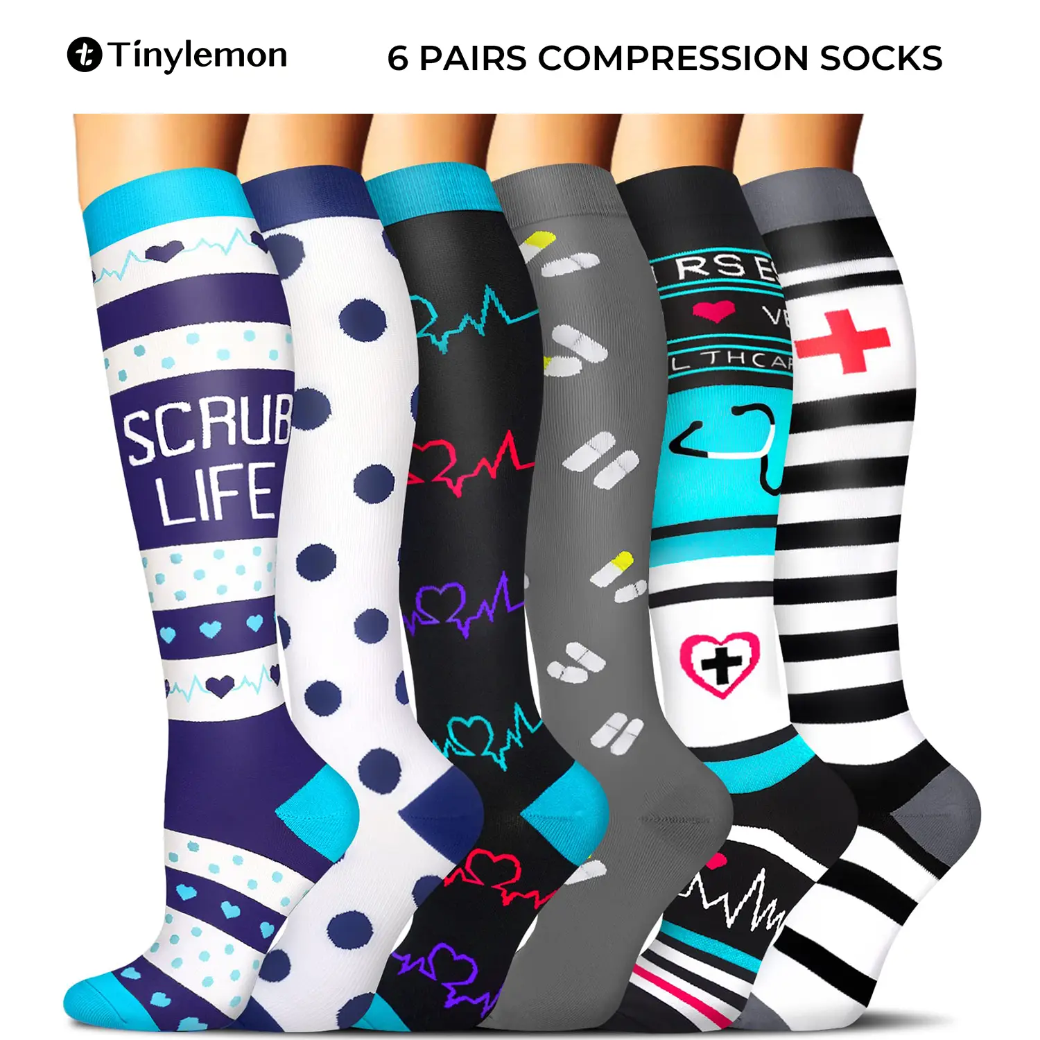 Tinylemon 6 Pairs Knee High Compression Socks 15-20 mmHg for Women Men | Breathable Moisture Wicking Calf Support Socks for Travel Flying Hiking Work Sports