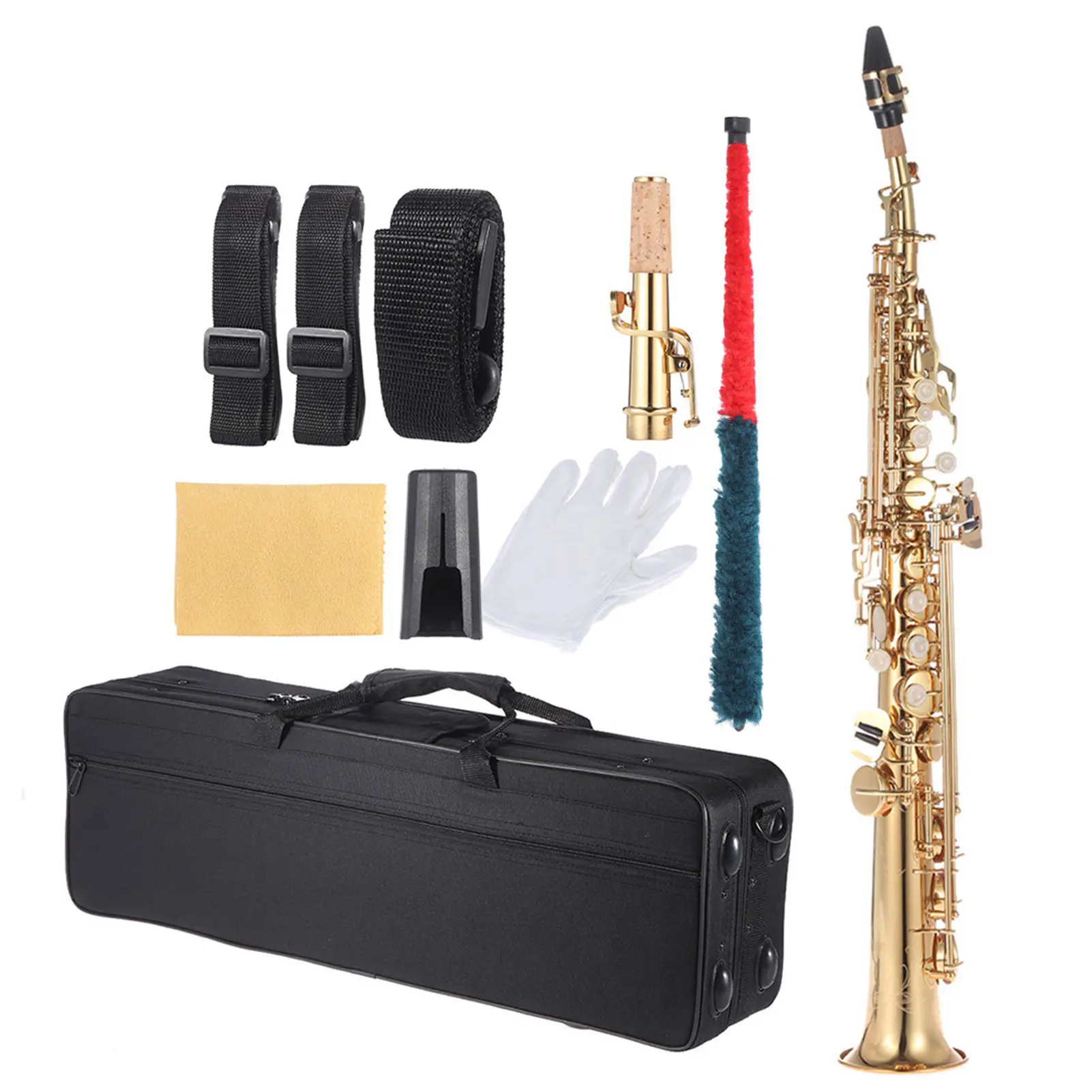 Brand New B-Flat Brass Straight Soprano Saxophone - Woodwind Musical Instrument with Natural Shell Keys, Carved Keys, Stylish Surface, Durable Leather Pads, Carrying Case, Gloves, Cleaning Cloth, Straps, Cleaning Rod, Approx. 1.4kg/3.1lb, Brand New Saxoph