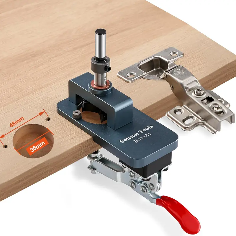 Gray Metal Concealed Hinge Jig with Quick Clamp & Limit Ring, 35MM Cabinet Tool for Closet, 2mm Drill Bit, DIY Clamp & Drill Fast Tool for Easy and Fast Drilling & Hinge Positioning