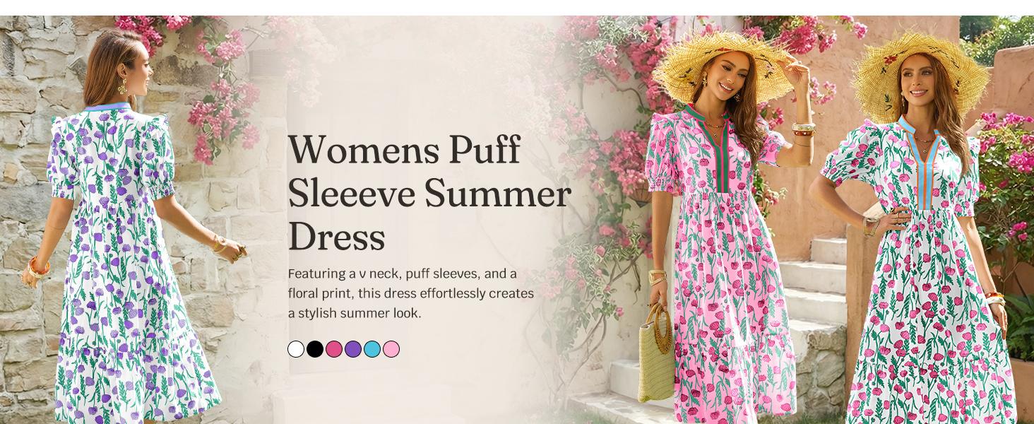 Wenrine Women's Summer Midi Dress Casual Floral Puff Short Sleeve V Neck Swing Flowy Boho Beach Dresses with Pockets Wenrine Women's Summer Midi Dress Casual Floral Puff Short Sleeve V Neck Swing Flowy Boho Beach Dresses with Pockets