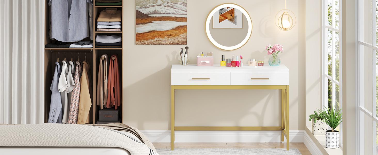 【BTS ONLY】Tribesigns 41" Computer Desk with 2 Drawers, Modern Study Writing Desk with Metal Frame for Home Office, Bedroom, White & Gold