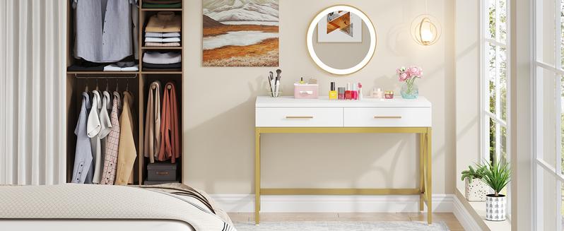 【BTS ONLY】Tribesigns 41" Computer Desk with 2 Drawers, Modern Study Writing Desk with Metal Frame for Home Office, Bedroom, White & Gold