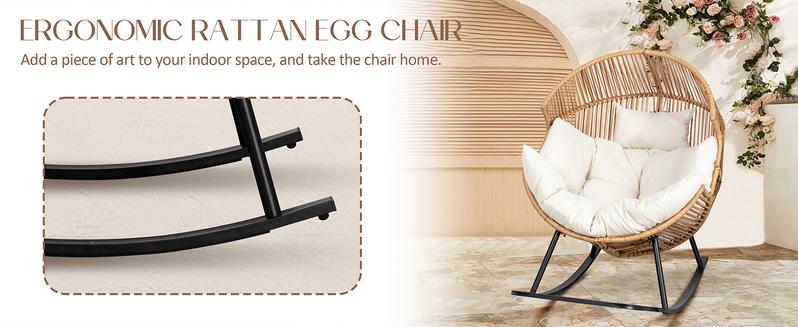 Walsunny Rocking Chair, Outdoor Indoor Wicker Patio Chair, 450Lbs Load Capacity Oversized Egg Lounger Chair with Cushion Basket for Bedroom, Balcony, Backyard, Beige Walsunny Rocking Chair, Outdoor Indoor Wicker Patio Chair, 450Lbs Load Capacity Oversized Egg Lounger Chair with Cushion Basket for Bedroom, Balcony, Backyard, Beige