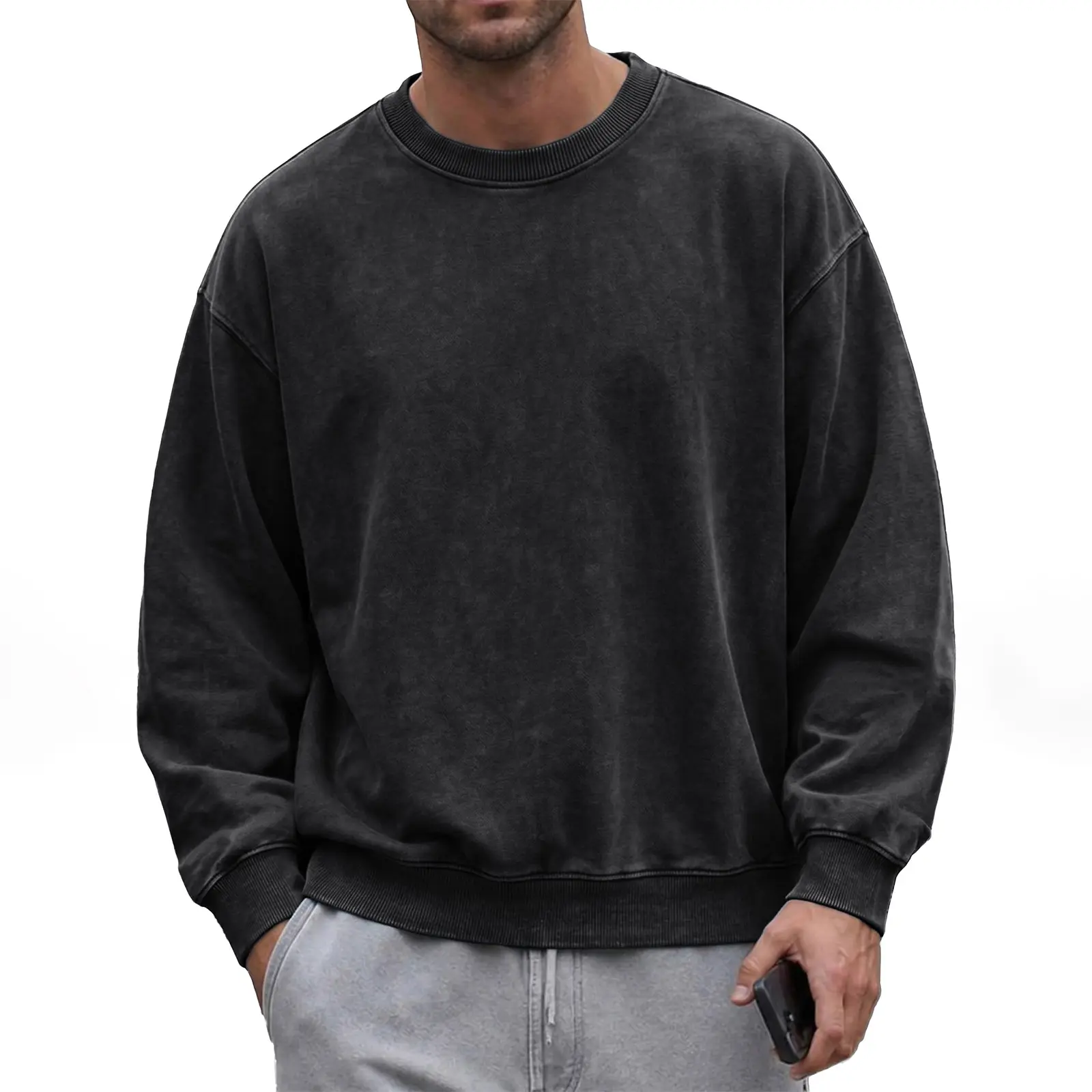JMIERR Men's Acid Wash Cotton Vintage Relaxed Fit Crewneck Sweatshirt | Ribbed Collar Cuffs, Long Sleeve Windproof Pullover, Drop Shoulder Streetwear, Retro Wash Casual Top, Unisex Casual Sweatshirt for Women, Fall Winter Outfit