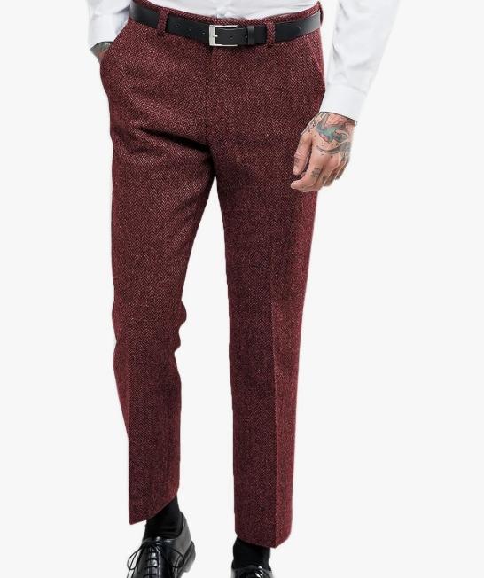 Men's Retro Dress Suit Pants Thick Wool Flat Front Herringbone Tweed Trousers
