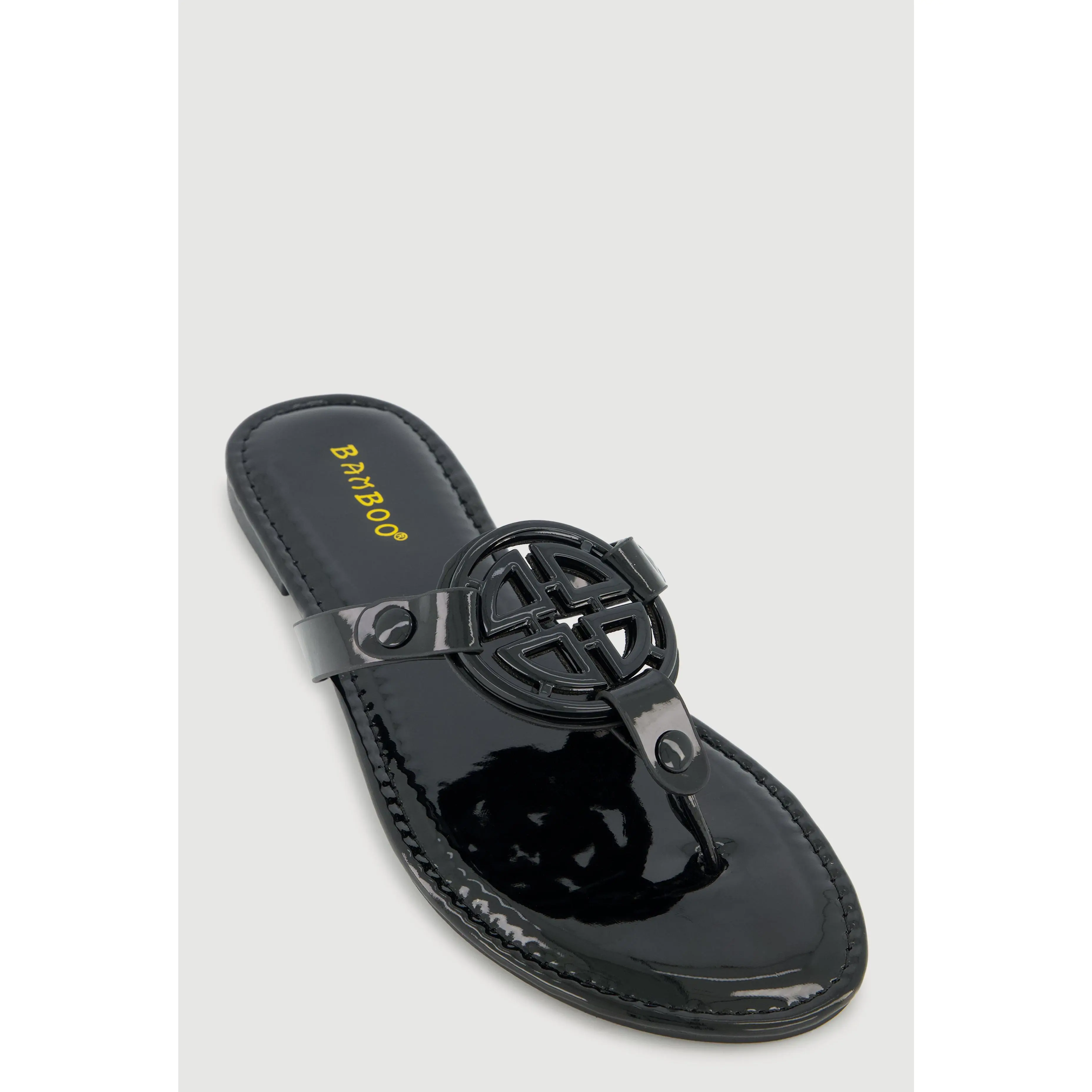 Metallic Geometric Pendant Studded Thong Sandals