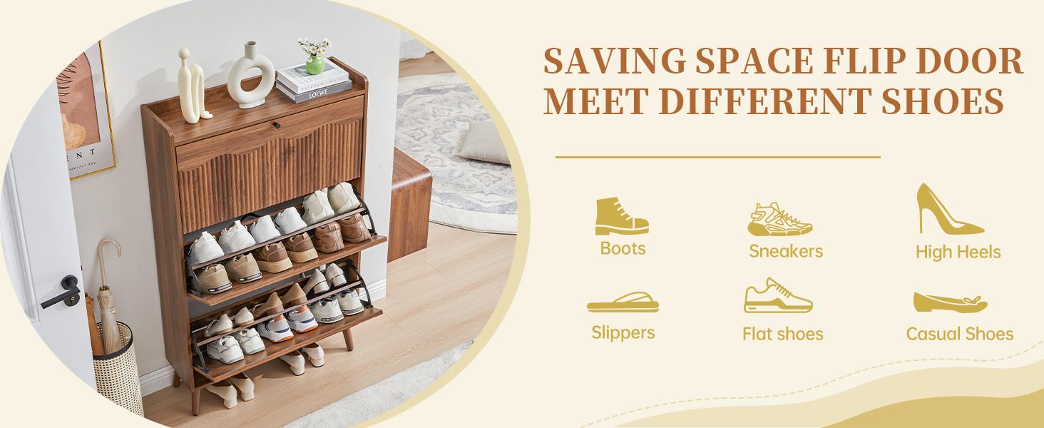 Giratree Wooden Fluted Shoe Cabinet with 2/3/4 Flip Drawers, Stylish Narrow Shoe Storage Organizer with Wave Design, Freestanding Entryway Shoe Rack for Hallway, Living Room