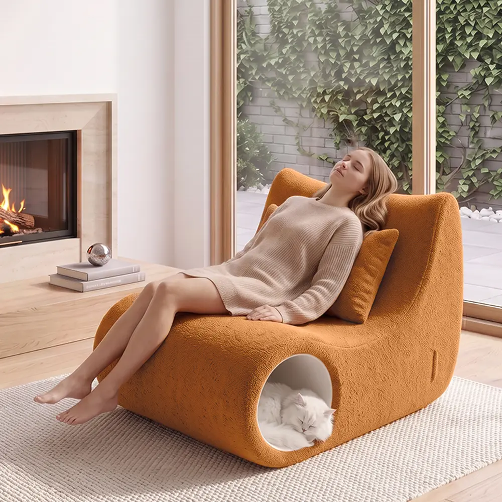 Shared sofa for humans and pets with a cat cave; soft couch for the living room with a pillow backrest; cozy lounge seat for adults, cats, and small dogs; chill room furniture for small spaces