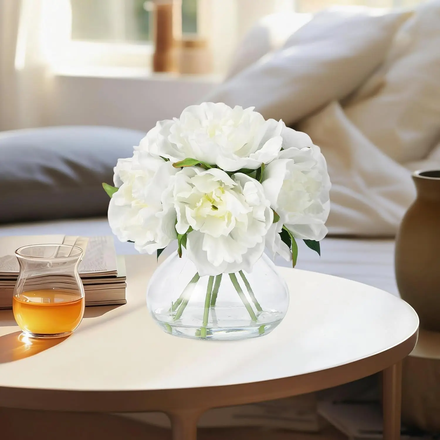 Realistic Peonies Artificial Flowers Silk Faux with Vase – Lifelike Touch, No Maintenance,Elegant Home Décor for Table,Wedding,Office-White
