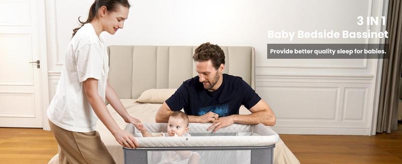 Baby Bassinet Crib Sleeper, 6 Height Adjustable Cribs, Easy to Fold Portable Crib Side Bassinet, Swing Cradle Bed Side Sleeper with Ventilated Net&Wheels